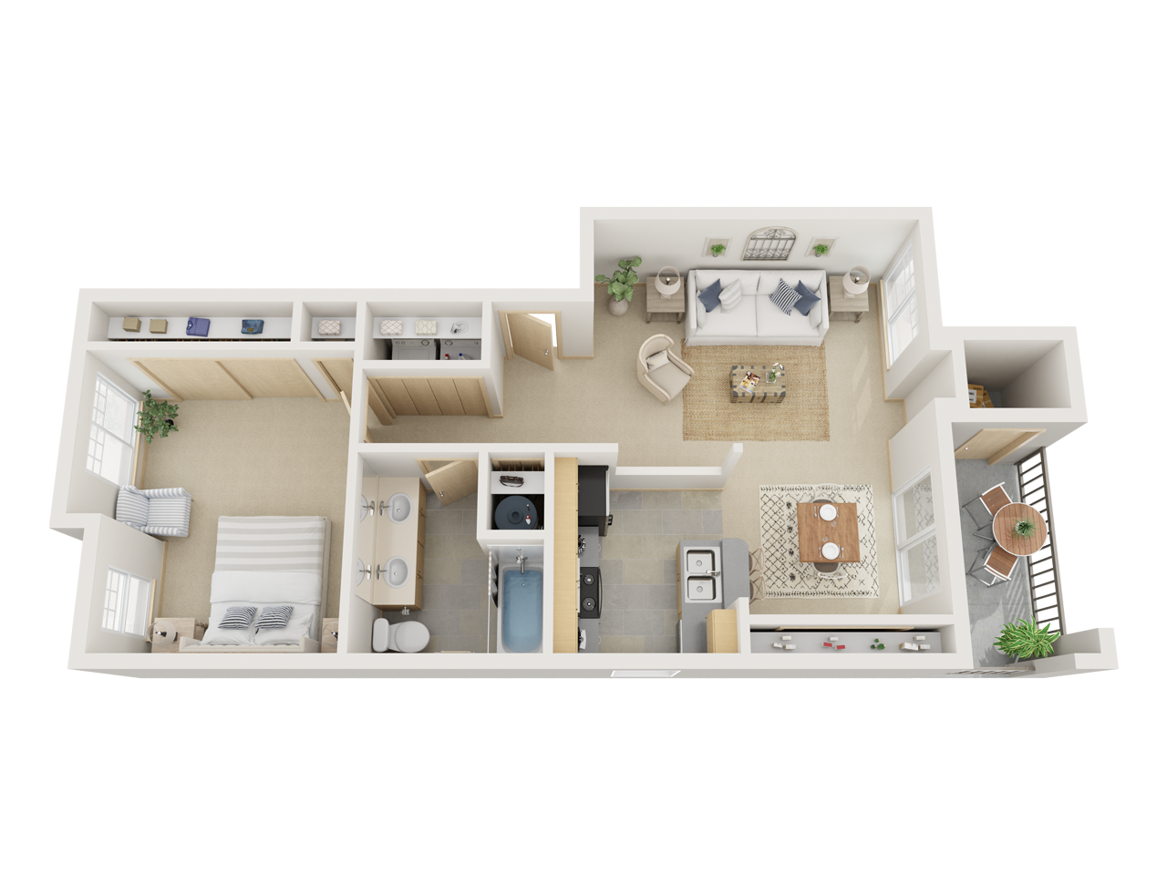 Floor plan for 1 bed, 1 bath, 728 sqft